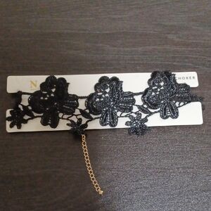Black Floral Lace Choker with Gold Chain